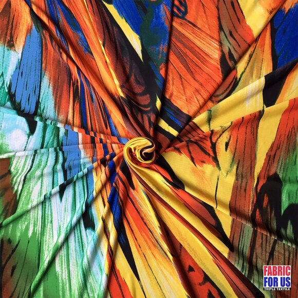 Big Wing Feathers Gold & Blue Print Design Stretch Fabric 58" Wide - Picture 3 of 3